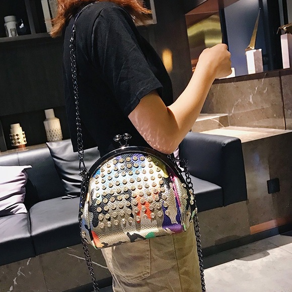 Lady Chic Rhinestones Kiss Lock PU Leather Chain Shoulder/Crossbody Bag - Picture 3 of 8